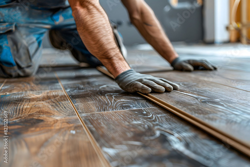 A man installing wooden floor with hammer