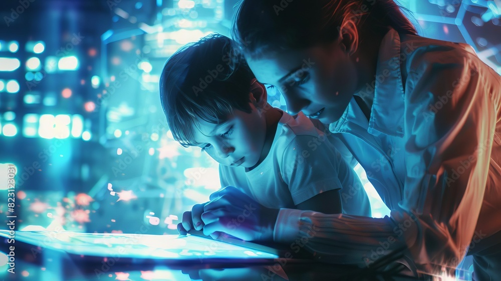 Loyal ISFJ helping a child with homework, close up, theme of mentorship, futuristic, manipulation, study room backdrop