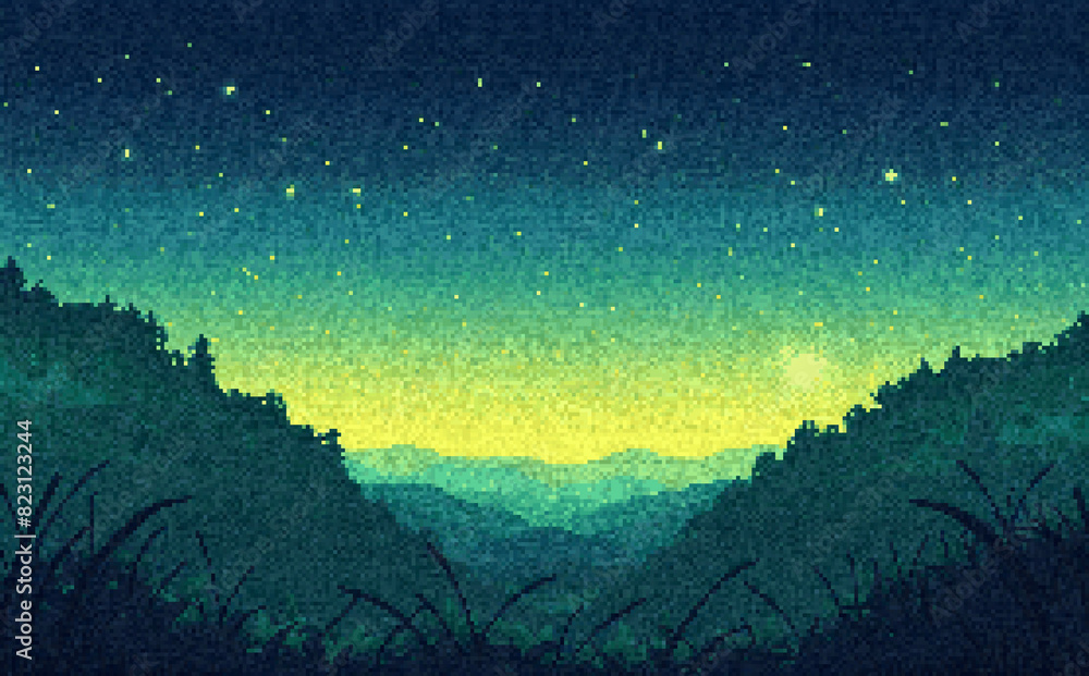 Naklejka premium pixel art game background night sky with a full moon fantasy landscape