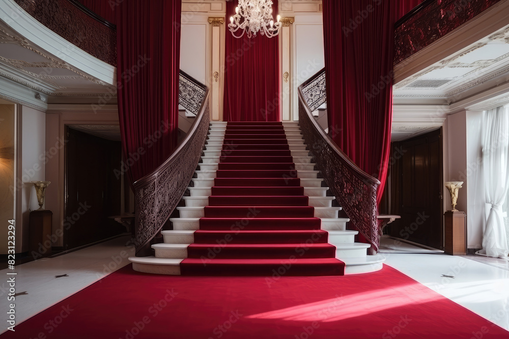 Majestic Staircase with Red Carpet in Luxury Interior Majestic Staircase with Red Carpet in Luxury Interior