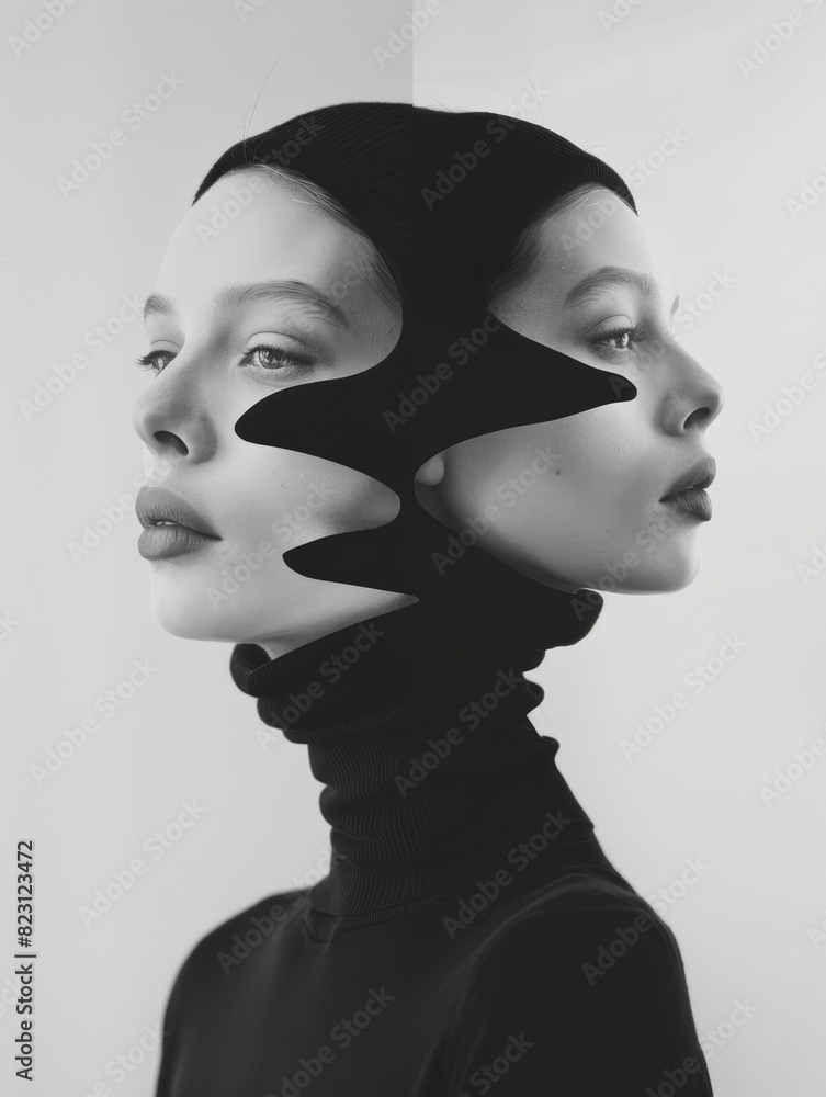 Surreal double exposure of a woman with abstract shapes dividing her face, highlighting contrast and symmetry in monochrome tones, evoking a sense of duality and introspection Surreal double exposure of a woman with abstract shapes dividing her face, highlighting contrast and symmetry in monochrome tones, evoking a sense of duality and introspection