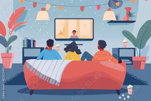 Art a family sitting on a comfortable sofa, watching a movie on TV with popcorn and blankets, creating a relaxed and joyful atmosphere