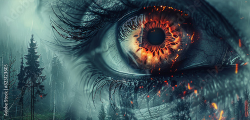 A close-up of a demonic eye with a glowing red iris, dark lines radiating from the pupil, set against a dark and misty forest background. Generative AI.