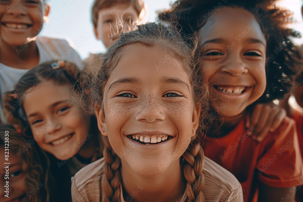 Cheerful little girl looking at camera and smiling while standing with her friends Cheerful little girl looking at camera and smiling while standing with her friends