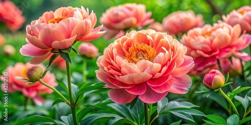 Stunning coral peony flowers with lush green leaves on a background