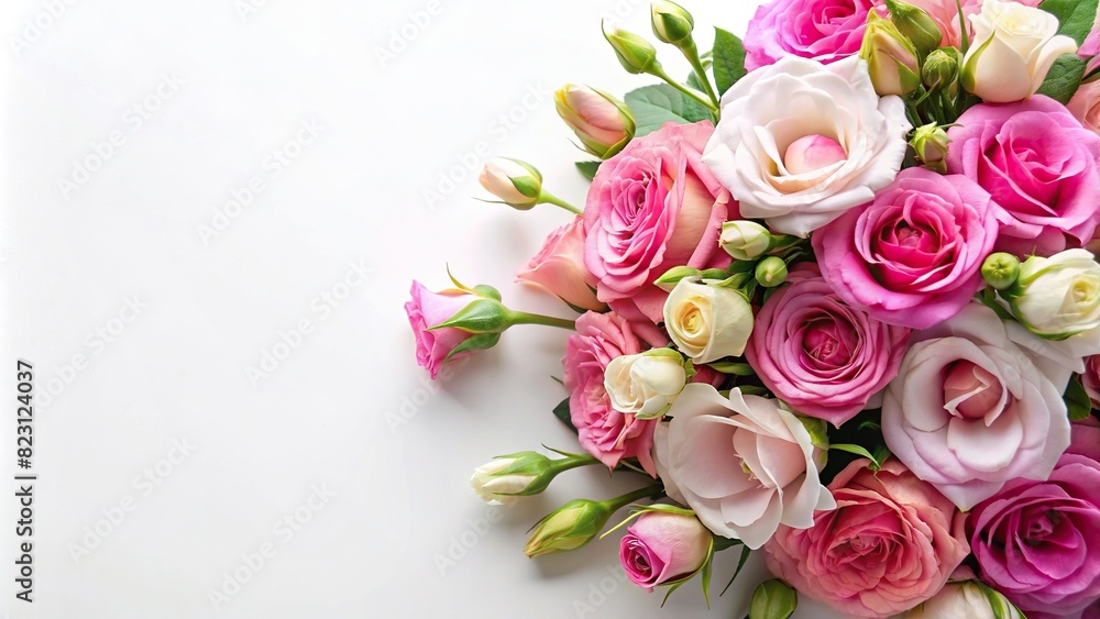 Pink roses and eustoma flowers elegantly arranged in a corner on a white background