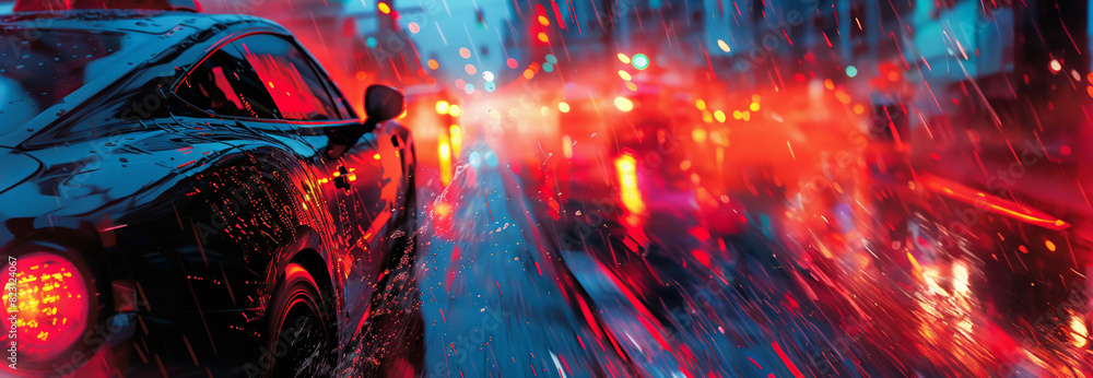 Dynamic Rain-Drenched Drive Through a City at Night, Vibrant Reflections on a Sports Car Dynamic Rain-Drenched Drive Through a City at Night, Vibrant Reflections on a Sports Car