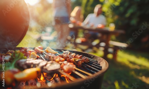 Grill bar-b-q party outdoors with friends on bright sunny day with grilled meat and vegetables cookout holiday and vacation celebration during weekend picnic together photo