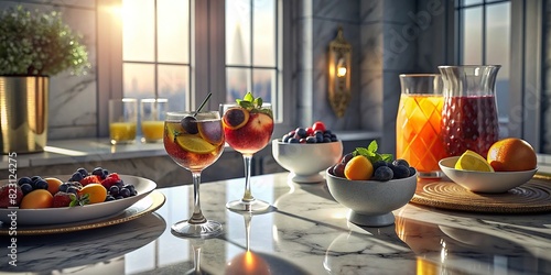 Brunch cocktails with fresh berries and fruits served on a marble countertop in a modern white kitchen