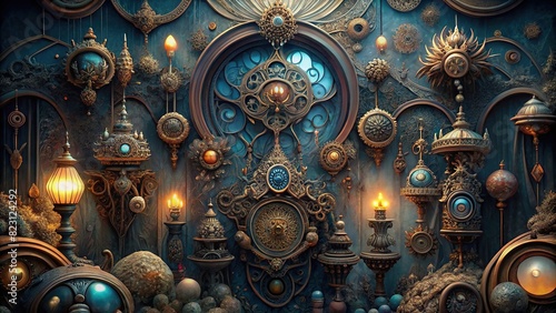 Intricate and detailed craft backdrop with various handmade objects and textures photo