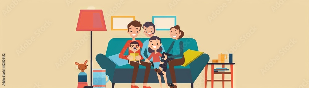 A family is sitting on the couch watching TV. There is a dog sitting on the floor beside them. They are all smiling and appear to be enjoying themselves. A family is sitting on the couch watching TV. There is a dog sitting on the floor beside them. They are all smiling and appear to be enjoying themselves.
