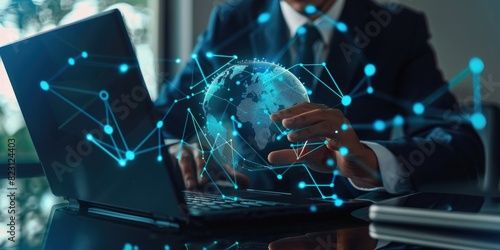 Businessman using laptop and touching digital hologram of global network connection on table. Business man working with online technology for business exchange information