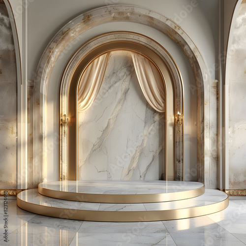 A large marble stage in a room with gold curtains
