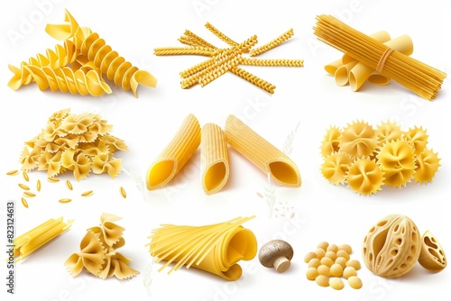 Penne, fusilli, farfalle, tagliatelle, fettuccine, spaghetti, cavatappi, conchiglie shells and wheat are part of a 3D realistic modern set.