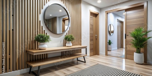 Modern hallway design with a stylish wooden bench and decorative mirror