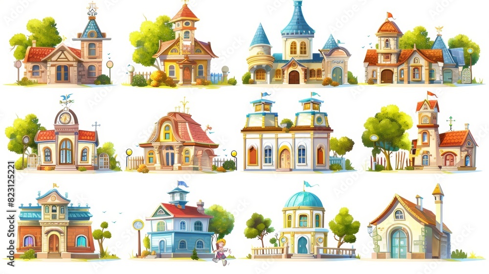 School, kindergarten, and university buildings isolated on white background. An illustration of education houses, the exterior of a college, primary or elementary school, or a daycare facility.