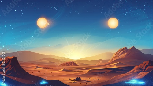 An alien planet desert with sandstorm, rocks, blue sparkles, two suns, in the cosmos. A cartoon illustration of an extraterrestrial world in the sky.