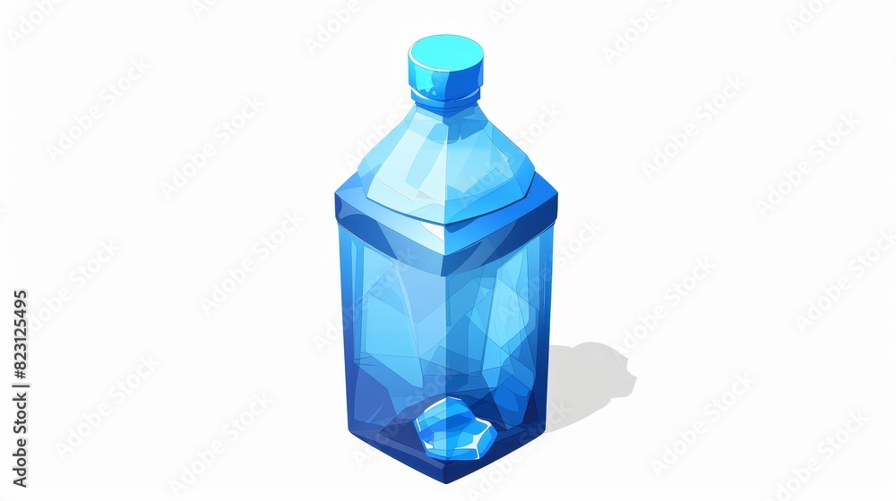 An isometric cartoon illustration of a plastic bottle for mineral water or other beverages is isolated on a white background.