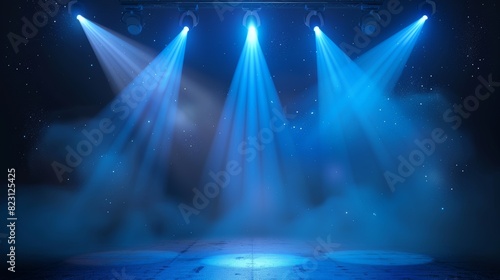 A luminous background with blue stage beams, smoke and sparkles in front of a black backdrop. A striking empty studio or theater scene with rays of shining lamplight for a concert or show