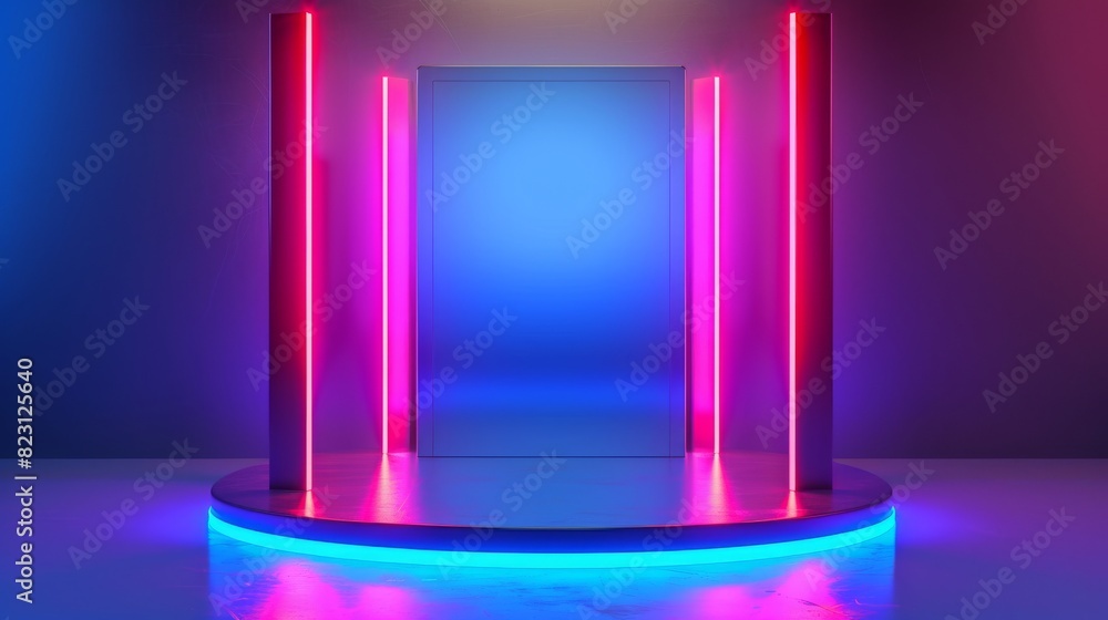 Modern illustration of a neon podium for displaying products. Abstract futuristic glowing neon room design. Modern illustration of a neon podium for displaying products. Abstract futuristic glowing neon room design.