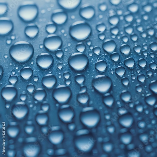  This image shows a close-up of blue water droplets on a blue surface  arranged in varying sizes and creating a vibrant pattern.