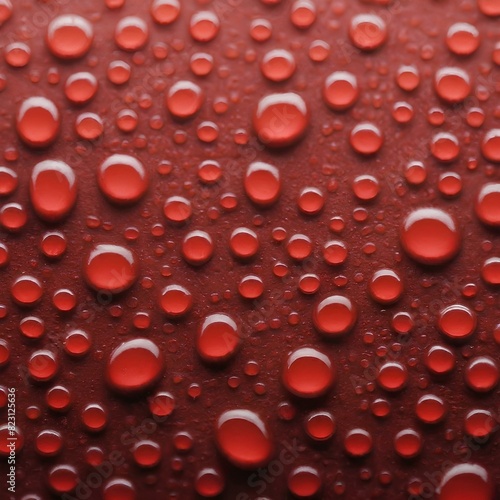 This image shows a close-up of red water droplets on a red surface  arranged in varying sizes and creating a vibrant pattern.