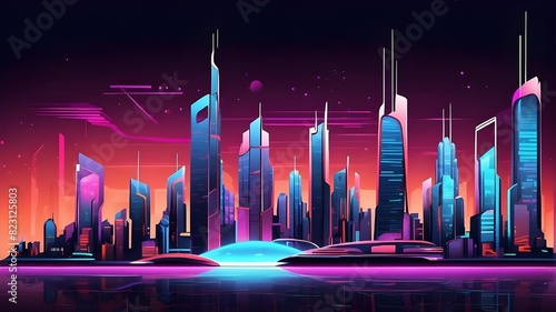 Vector image of a cityscape, with neon lights and metropolitan architecture in space. futuristic, scientific, high-tech, and modern technological notion. Digital high-tech abstract city design for ban photo