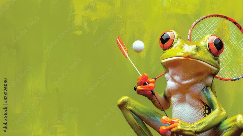 Naklejka premium A green frog playing tennis, with a tennis racket in its hand and a ball on the racket. The frog is looking at the ball with its big eyes.