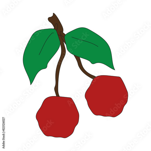 Doodle Hand Drawing Cherry with green leaves isolated transparent background. Straight lines style Brutalism Geometrical Summer berry. Artistic vector can used t-shirt print, fabric, bed linen decor. 