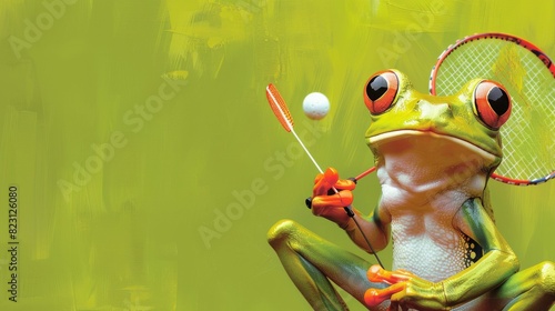 A green frog playing tennis, with a tennis racket in its hand and a ball on the racket. The frog is looking at the ball with its big eyes.