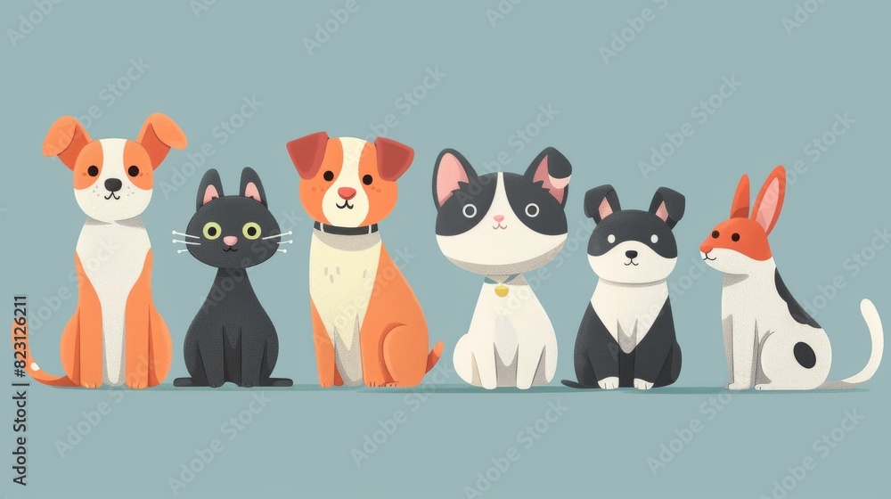 Obraz premium A group of cartoon animals including a cat, a rabbit and four dogs of various breeds.