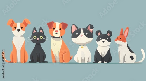 A group of cartoon animals including a cat, a rabbit and four dogs of various breeds. photo