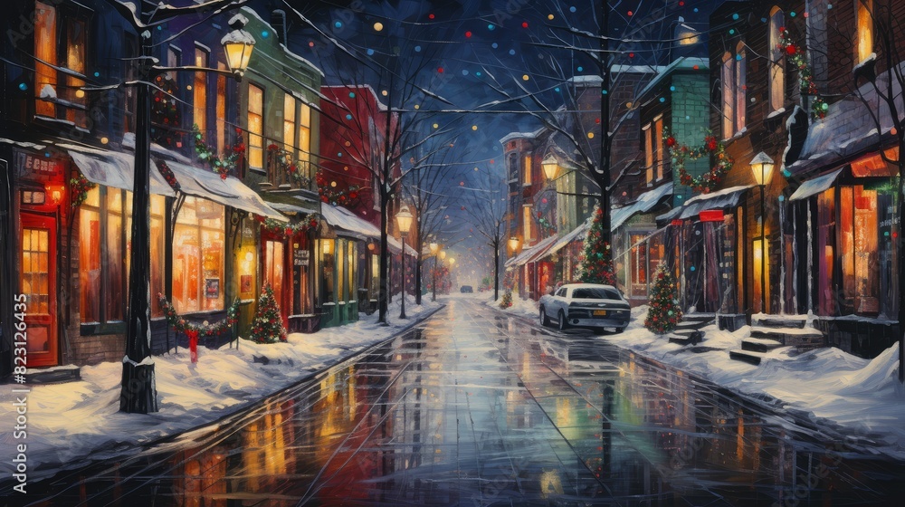 Christmas lights reflecting on a snowy street