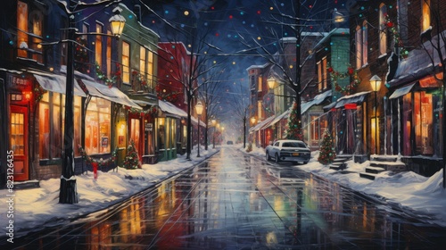 Christmas lights reflecting on a snowy street photo