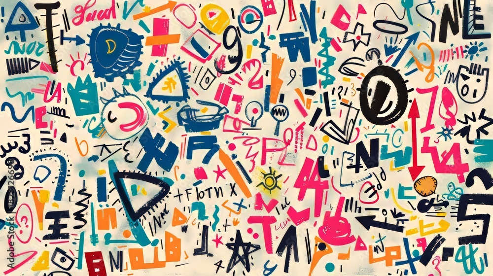 An assortment of messy doodles and scribbles of arrows, shapes, numbers, alphabets, etc. An assortment of messy doodles and scribbles of arrows, shapes, numbers, alphabets, etc.