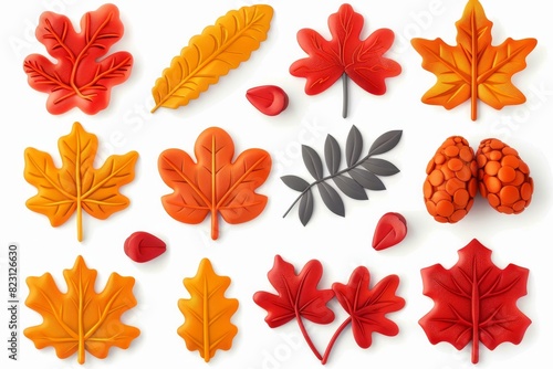 Set of autumnal icons: a rowan tree, an orange maple leaf, a yellow oak leaf. Modern 3D art of plasticine.