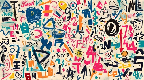 An assortment of messy doodles and scribbles of arrows  shapes  numbers  alphabets  etc.