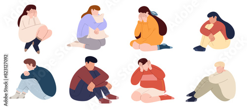 Collection of teens in stressful situations or teenager's psychological problems. Stressed unhappy crying teenagers in depression. Upset tired young people. Flat graphic