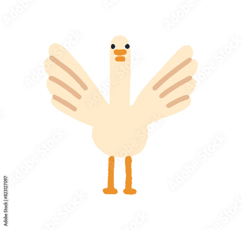 Goose, cute funny bird. Adorable happy gosling spreading wings. Feathered ani...
