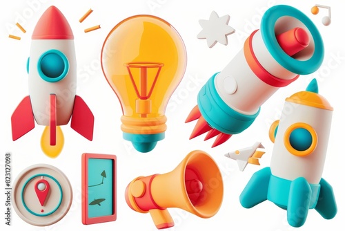 Set of 3d modern icons with light bulbs, megaphones, and rockets
