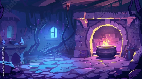Magic potion boiling in a cauldron and mandrake in a pot. Modern parallax background for 2D animation with cartoon interior of a sorceress's room in a medieval castle. photo