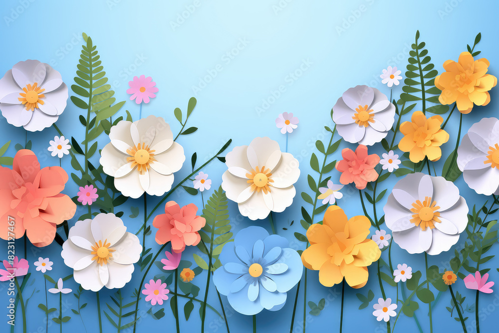 Vibrant Paper Flower Artwork on Blue Background Vibrant Paper Flower Artwork on Blue Background