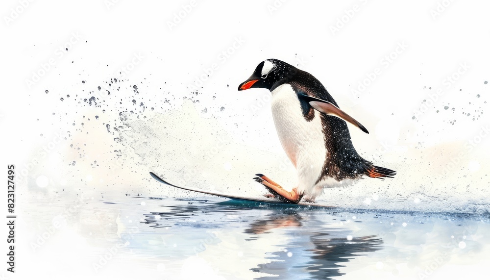 Fototapeta premium A penguin skiing on the water surface.