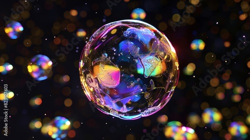 A colorful bubble floats over a black background in an abstract 3D animation. Available in 4K resolution