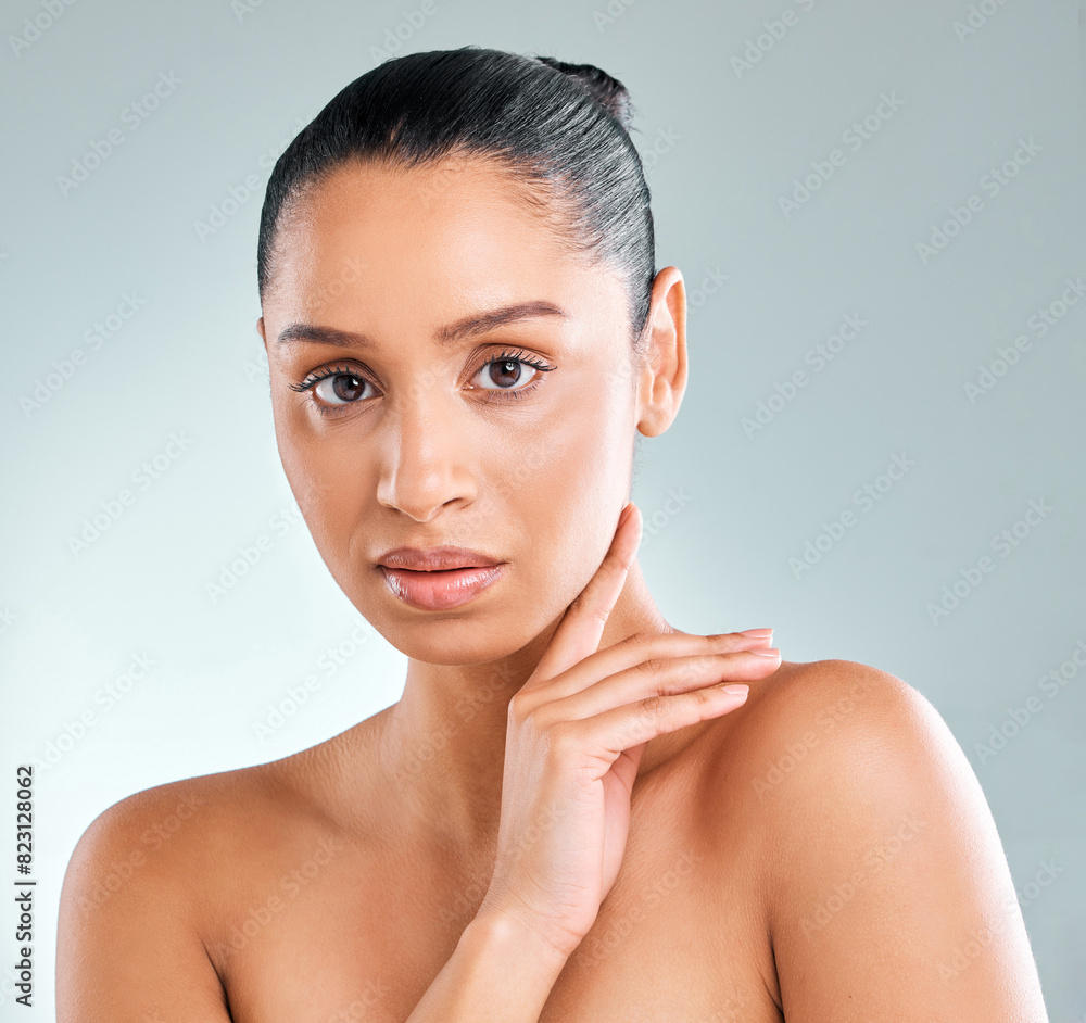 Woman, portrait and beauty for skincare, dermatology and wellness in studio with healthy skin. Girl, aesthetic and natural shine for cosmetics, facial treatment and spa on white background in France Woman, portrait and beauty for skincare, dermatology and wellness in studio with healthy skin. Girl, aesthetic and natural shine for cosmetics, facial treatment and spa on white background in France