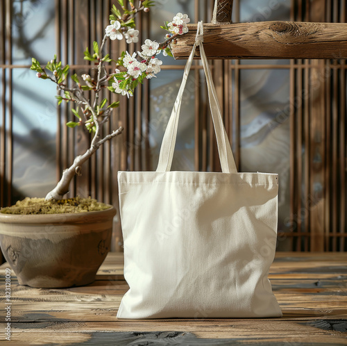 Natural Canvas Tote Bag blank Mockup, flower bonsai background. Generative AI.