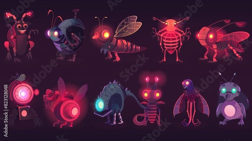 Various mechanical beasts, wasps, spiders, mantises, penguins, beavers, rats, snakes and insects. Cartoon wicker cyber machines with glowing red eyes.