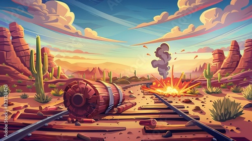 Western train sabotage scene, tnt dynamite with burning fuse lying on railway sleepers and bomb explosion at desert under clouds in wild west nature landscape, cartoon modern illustration. photo