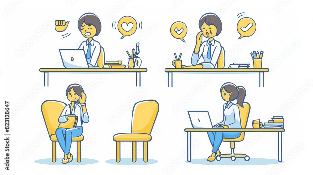 Line art flat modern illustration of several emotions and activities of an office worker, work and procrastination. An office manager sits at her desk using a laptop, rejoices, rages, eats lunch,