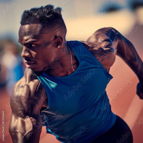 Black Athlete Running on Athletics Track in Blue Shirt